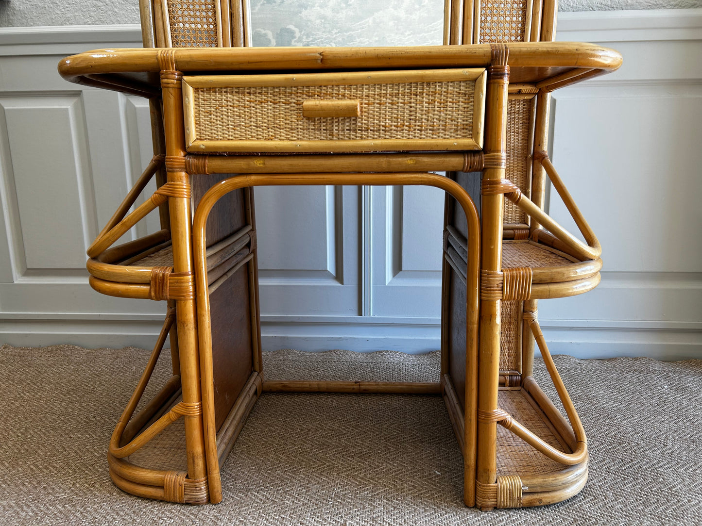 Bamboo and Rattan Vanity / Dressing Table with Drawer and Mirror, 1970's Mid-century Modern
