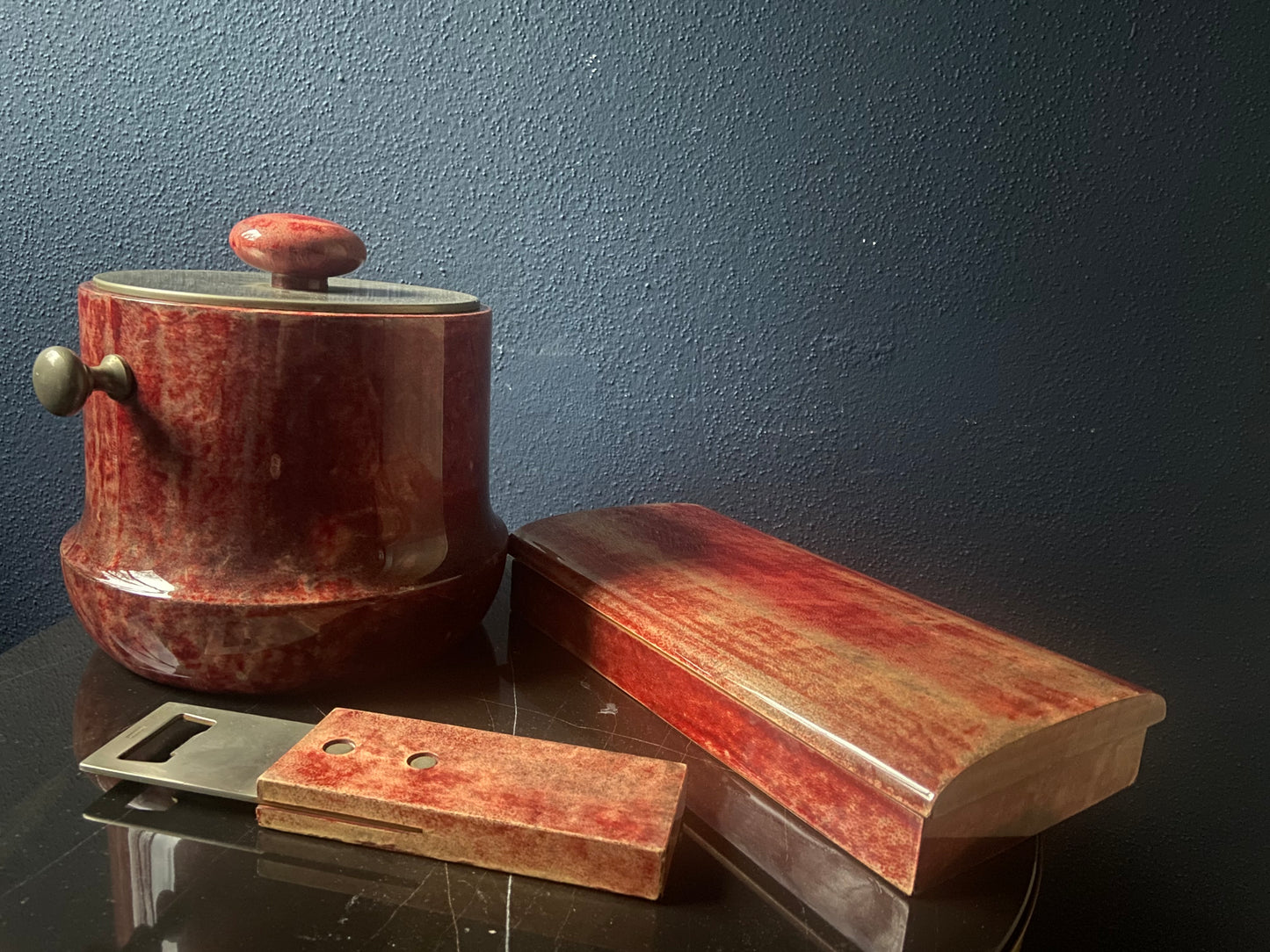 Red Aldo Tura Bar Accessory Set: Ice Cooler, Bottle Opener and Cigar Box