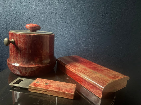 Red Aldo Tura Bar Accessory Set: Ice Cooler, Bottle Opener and Cigar Box