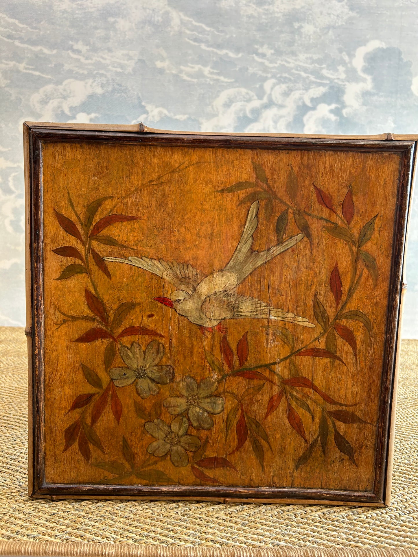 Bamboo Pedestal Table with Hand Painted Bird And Flower Motif, France, 19th Century