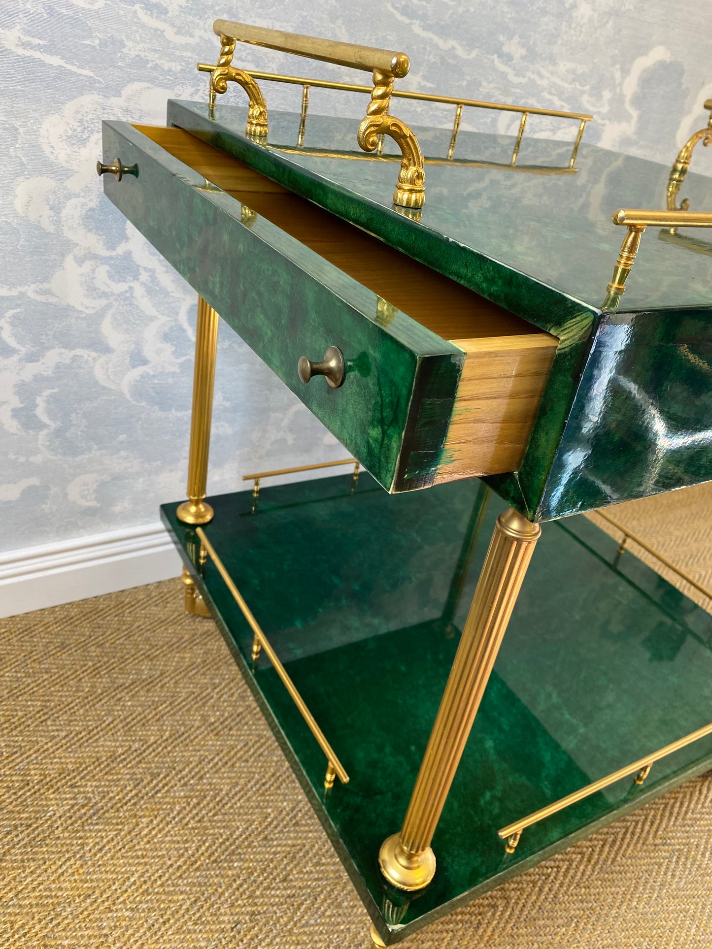 Aldo Tura Side Table on Wheels in Emerald Green with Brass Detail and 2 Drawers