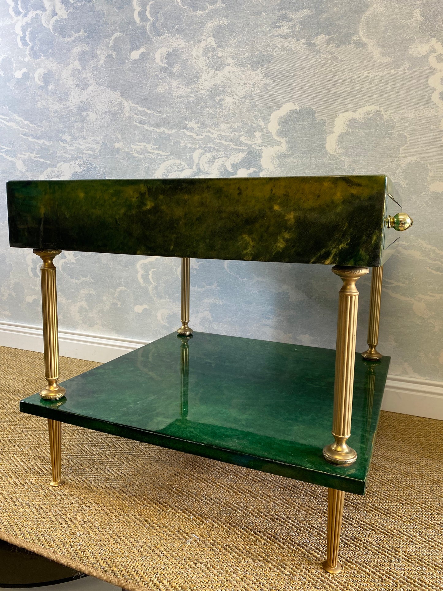 Aldo Tura Side Table Emerald Green & Brass Vintage 1970s 1960s Hollywood Regency Coffee Table Mid Century Nightstand