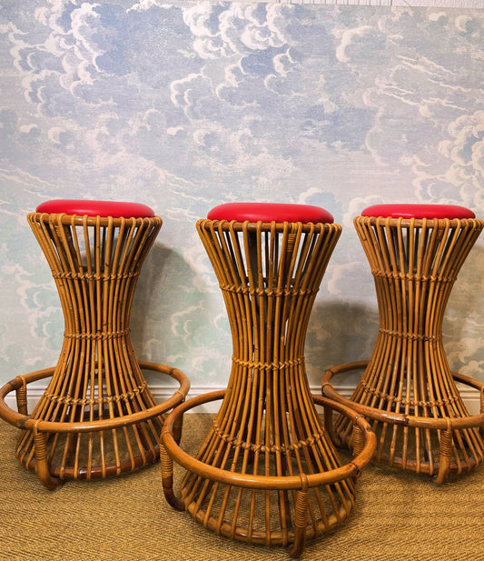 Set of 3 Tito Agnoli for Bonacina Bar Stools Bamboo & Rattan, Italy 1950s