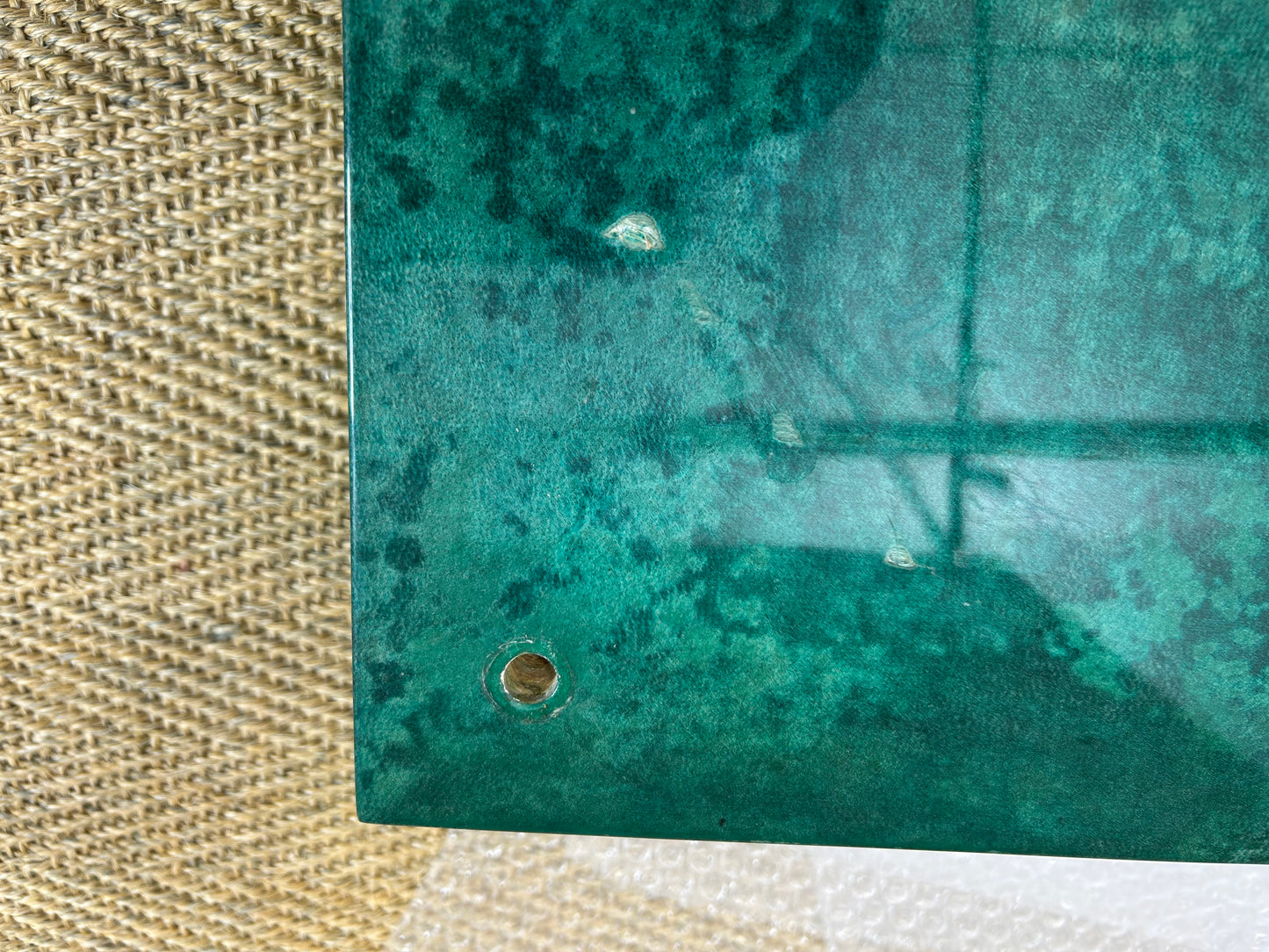Aldo Tura Side Table in Aqua Green with Brass Legs and Bottom Drawer
